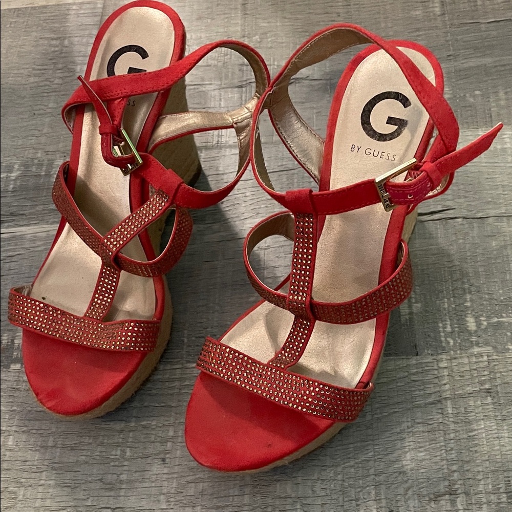 G by Guess Red Strappy Crystal-Accent Wedge Sandals